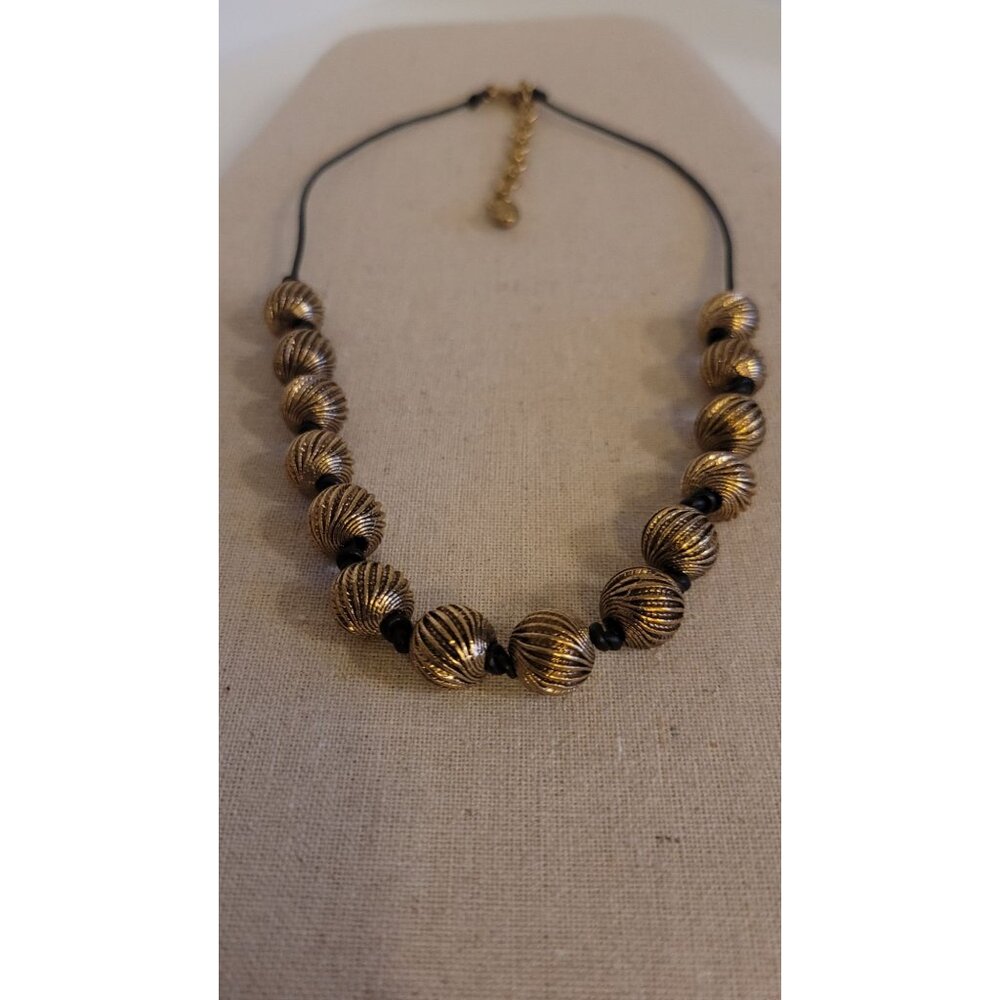 Monet Vintage Gold-Tone Textured Bead Necklace With Adjustable Chain & Black Cor